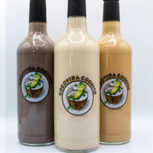 Three bottles of different flavors of coconut milk.