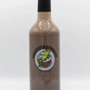 A bottle of chocolate milk with banana slices on top.